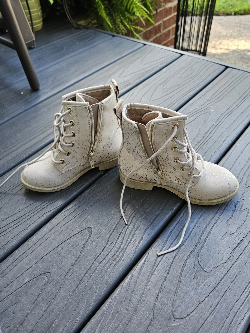 Kids Beige Glitter Lace-Up Combat Boots